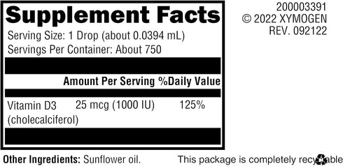 XYMOGEN D3 Liquid - Liquid Vitamin D Drops with Vitamin D3 to Support Immune Health, Bone + Heart Health - 1000 IU Vit D per Drop - Micro-Emulsifi...