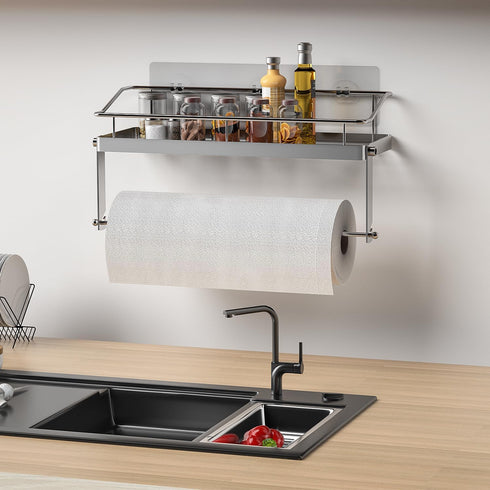 Adhesive Paper Towel Holder Shelf,Wall Mounted Paper Towel Roll Rack Basket for Kitchen,Shower Bathroom & Balcony,Rustproof,No Drilling,SUS 304 St...