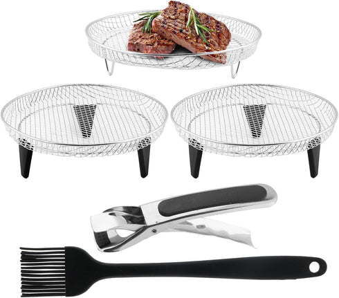 3 Pcs Air Fryer Racks,Air Fryer Three Layer Mesh Set,Heightening Feet Air Fryer Rack,with Oil Brush and Clip Stainless Steel Stack able for Air Fr...