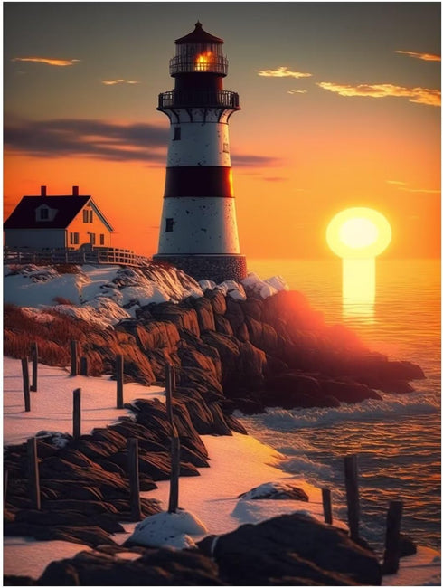 Champi Diamond Painting Kit for Adults - Seaside Lighthouse Sunrise Diamond Painting Kit, DIY Oil Painting Landscape Crafts for Beginners, Suitabl...