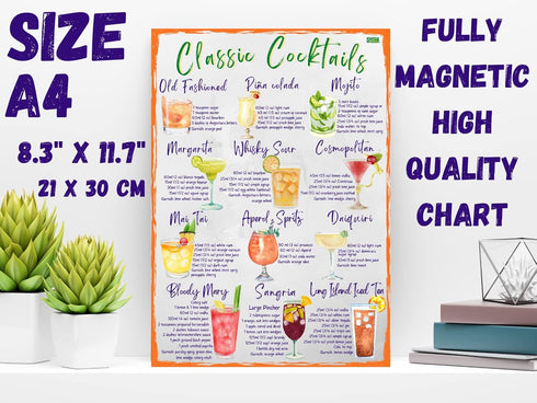 Classic Cocktails Recipes Magnetic Chart A4 Format - Kitchen Pub Wall and Fridge Decor Stylish Colourful Informative Magnet Milliliters and Ounces...
