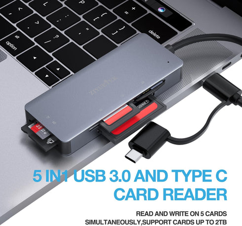USB3.0 Type-C Multi Card Reader, SD/Micro SD/CF/MS/XD 5in1 Memory Card Reader, SD SDXC SDHC CF CFI TF Micro SD Micro SDXC Micro SDHC MS UHS-I Card...