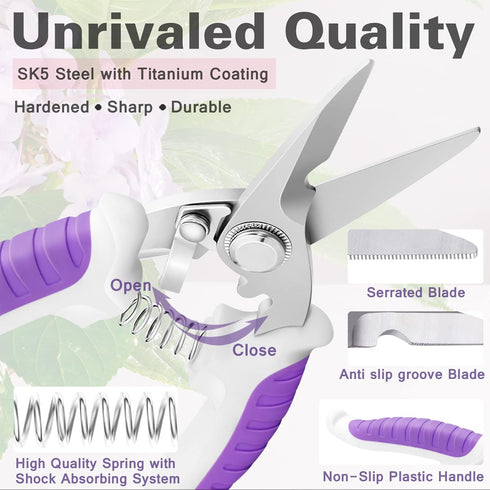 Garden Pruning Shears,Gardening Tools Bypass Hand Pruner Stainless Steel Gardening Scissor,Tree Cutter Clippers Secateur Trimmer Kit Set of 3,Purp...
