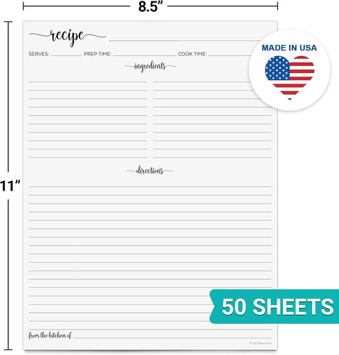 321Done Recipe Paper 8.5x11 White, 50-Pack, Made in USA, Full Page Blank Recipe Paper to Write in Your Own Recipes, Minimalist Letter Size Refill ...