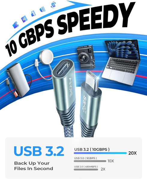 AINOPE USB C Extension Cable, (6.6ft/2M/10Gbps/100W), USB C 3.2 Extender Fast Transfer Type C Extender Charging Compatible with PSVR2/USB C Hub/Ma...