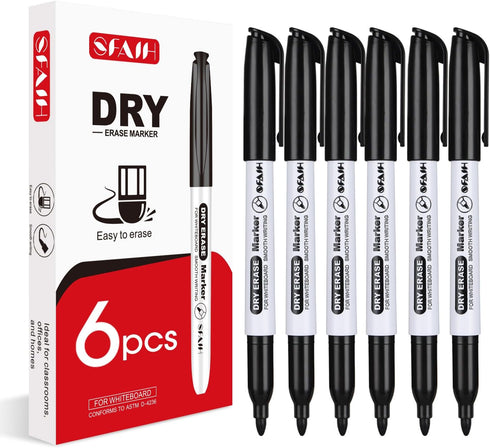 Dry Erase Markers Fine Tip - 6 Pack Whiteboard Markers Dry Erase For Kids Adult Low Odor, Black Dry Erase Markers Fine Point For Home Classroom...