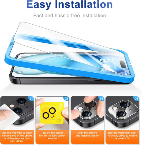 CANSHN [3+3 Pack for iPhone 15 Screen Protector Tempered Glass & Camera Lens Protector Accessories with Easy Installation Frame, Double Shatterpro...