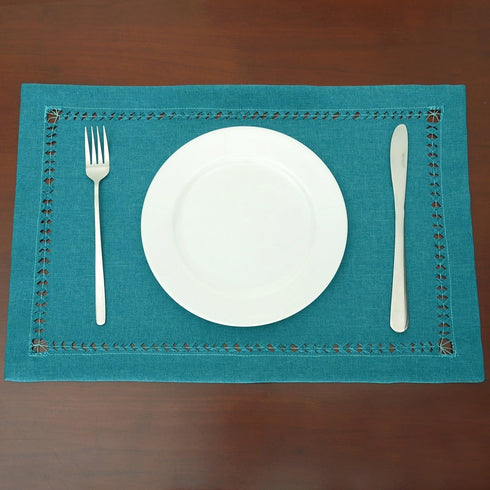 Grelucgo Set of 6 Handmade Hemstitch Teal Table Placemats, Rectangular 12 by 18 Inch...