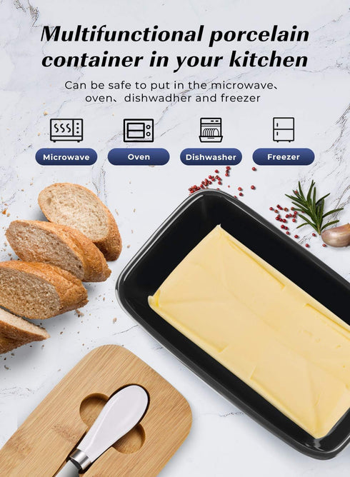 Black Ceramic Butter Dish with Lid - Large Countertop Butter Holder, Perfect for 2 Sticks, Includes Knife and Sponge Scrubber...