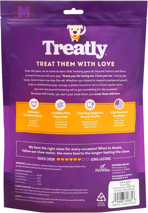 American Sourced Beefhide Bones 6-7" Dog Chew Treats - Chicken Flavor, 3 Count/1 Pack...