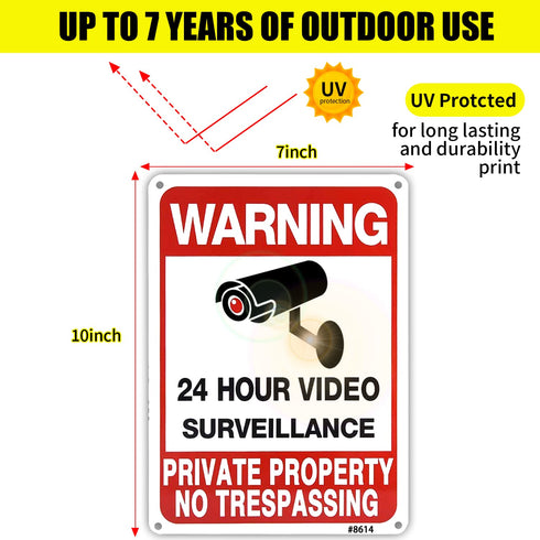 4-Pack No Trespassing Signs Private Property, 10x7 Inch Aluminum 24-Hour Video Surveillance Signs Outdoor, Warning Signs for Property Security, Ho...