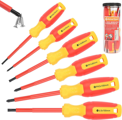 Amartisan 1000V Insulated Electrician Screwdriver Set 6-Piece, 3 Phillips and 3 Slotted Tips Professional Cushion Grip Screwdriver Set...