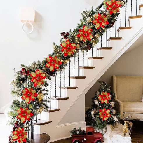 Sawowkuya 15 Pcs Red Gold Poinsettia Artificial Flowers Glitter Artificial Christmas Flowers Decorations with Clips for Xmas Tree Ornaments Weddin...