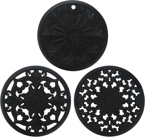 Set of 3 Silicone Trivet Mat Thick Round Trivet Set Non Slip Heat Resistant Modern Carved Trivet Kitchen Decor and Accessories for Hot Dishes, Pot...