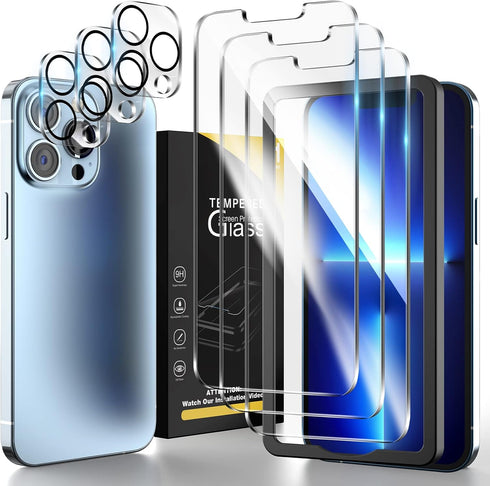 HATOSHI 3 Pack Tempered Glass Screen Protector for iPhone 13 Pro Max with 3 Pack Camera Lens Protector, Case Friendly Easy Installation Clear Prot...