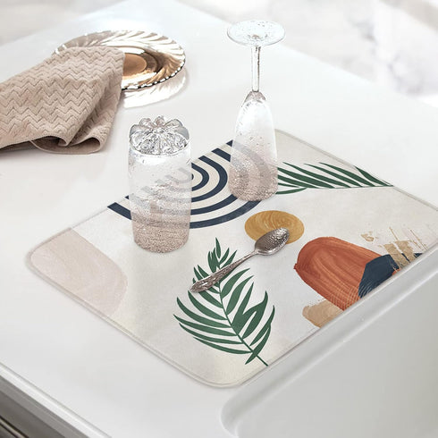 Kitchen Drying Mat for Counter Medieval Boho Tropical Leaf Absorbent Dish Mats Foldable Microfiber Drainer Pad Khaki Orange Mid Century Geometric ...