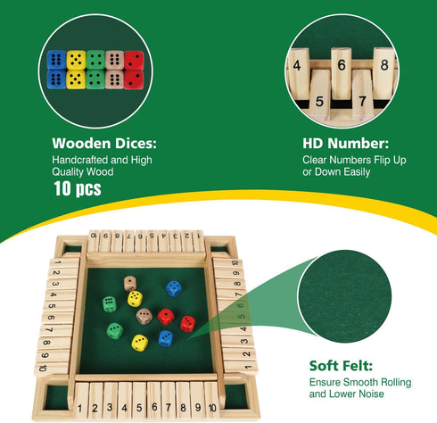 Shut The Box Dice Game with 8pcs Dices 12 inch Traditional Wooden Table Math Board Game 10 Numbers for Kids Adults, Family Classroom Home or Pub B...