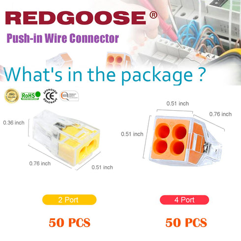 100PCS Push-in Wire Connector 20-12AWG Wire Nuts Splice Terminal- 2Port-50PCS and 4Port-50PCS...