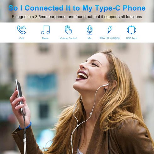 2-in-1 USB C to 3.5mm Headphone and Charger Adapter, USB C PD 3.0 Quick Charging Port to Aux Audio Jack & 60W Fast Charging Dongle Cable Compatibl...