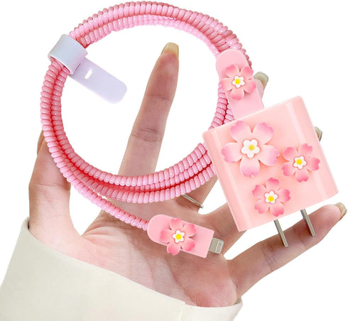 Cable Protector Compatible for iPhone Charger Cover Cute Kawaii Pink Cherry Blossoms Flowers Design,Data Line USB Wire Cable Saver Phone Charging ...