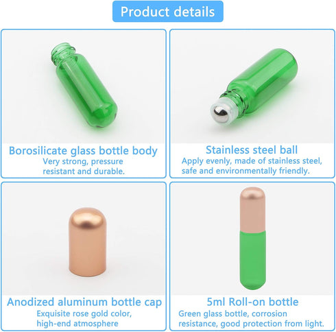15Pcs Green Glass Roller Bottles 5ml Roll-on Bottles Refillable Empty Rolling Bottles Roller Vials Container for Essential Oil Perfume Skincare, 3...