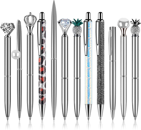 12Pcs Ballpoint Pens Set, Cute Pens with Crystal Diamond for Journaling, Black Ink Pen Gifts for Wedding Office Desk Supplies, Sand Glitter Pen fo...