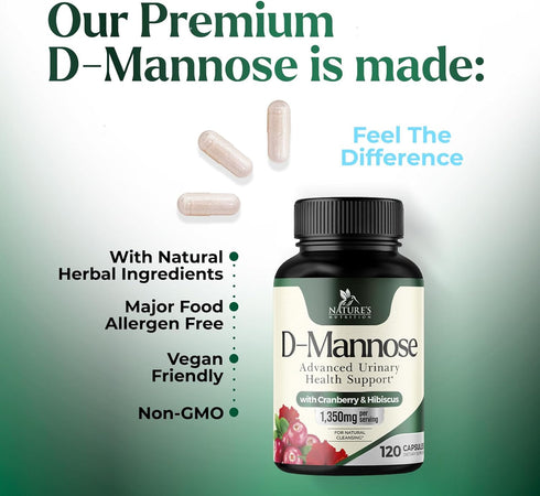 D-Mannose Supplement 1,350 mg with Cranberry & Hibiscus - Effective Fast-Acting, Flush the Impurities for Natural Bladder, Urinary Tract Health Su...