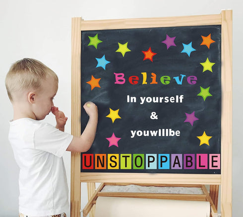 54 Pcs Believe in Yourself Bulletin Board Decorations Stylish Star Inspirational Quotes Bulletin Cutouts Wall Decals with Glue Point Dots for Scho...