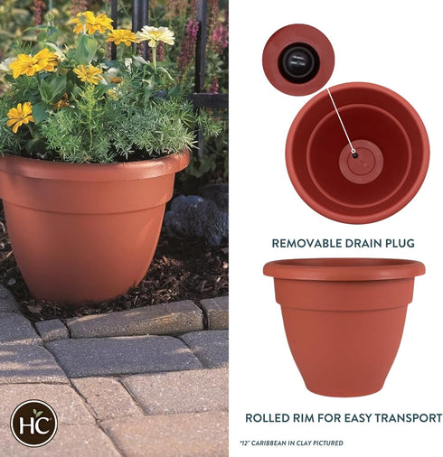 The HC Companies 12 Inch Caribbean Planter - Lightweight Indoor Outdoor Plastic Plant Pot for Herbs and Flowers, Clay...