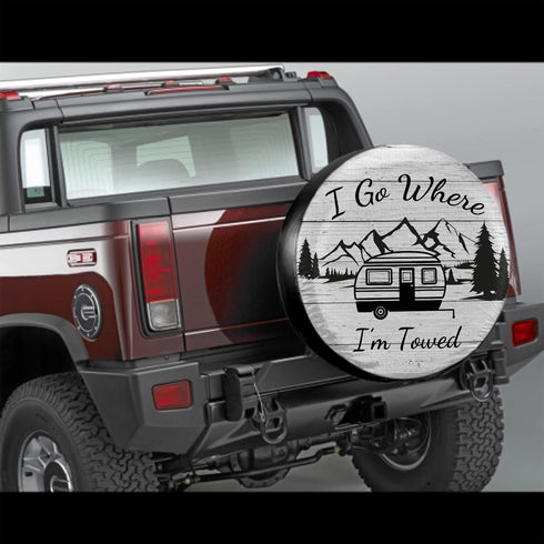 I Go Where I'm Towed Spare Tire Cover Waterproof Dust-Proof Universal 15 Inch Wheel Protectors Camper Spare Tire Cover Fit for RV Trailer Truck Je...
