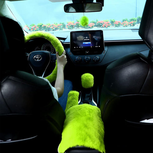 9 Pcs Father's Day Fluffy Car Accessories Set Soft Furry Steering Wheel Covers Set for Men Universal 15 Inches for Men Car Decoration, Lime Green...