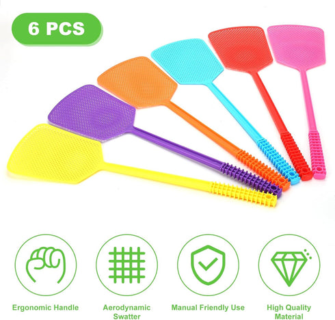 Fly Swatter,Plastic Flyswatters Multi-Pack,6 Bulk Vibrant Colorful Fly Killer,Long Handle Bug Swatter for Indoor and Outdoor...