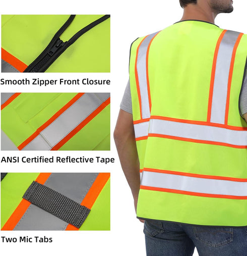 Reflective Vest High Visibility Two Tone with Pockets and Zipper, ANSI Class 2 Compliant, Yellow with Orange Trim XL...