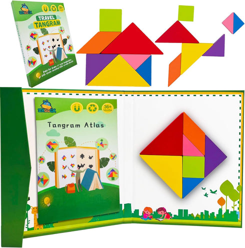 Wooden Puzzle Tangram Book, Travel Magnetic Puzzle, Travel Games Montessori Shape Pattern Blocks Jigsaw for Kids Adult Challenge IQ Educational To...