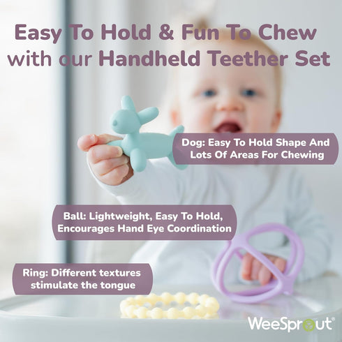 WeeSprout Handheld Teether Set (Matte Green, Pink & Off White)...