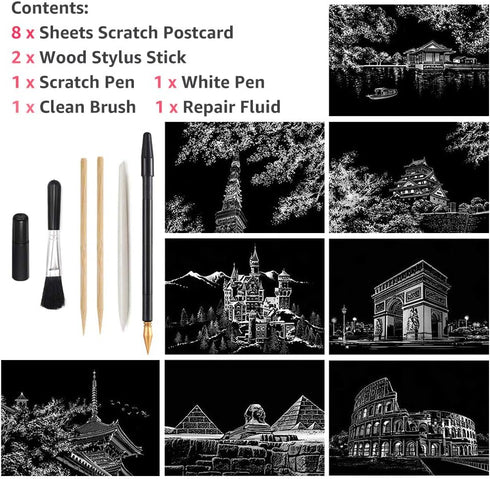 Scratch Art Paper, Rainbow Night View Scratchboard for Adults & Kids, Mini Envelope Postcard Art & Crafts Set: 8 Sheets Scratch Cards & Scratch Dr...