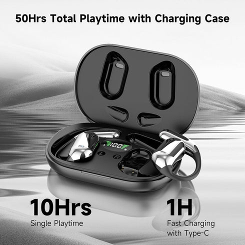 Open Ear Bluetooth 5.4 Earbuds,IPX6 Waterproof Air Conduction Headphones,50H Playtime,Ergonomic Ear Hook,Built-in Mic,LED Display Charging Case,Sp...