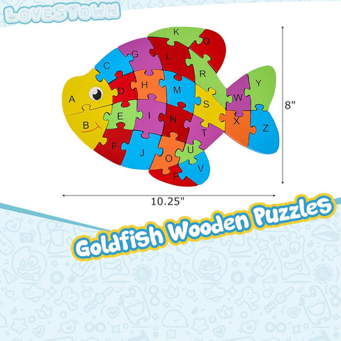 LovesTown Goldfish Wooden Puzzle, 26PCS Jigsaw Puzzle Alphabet and Number Building Blocks for Kids Toddler Preschool...