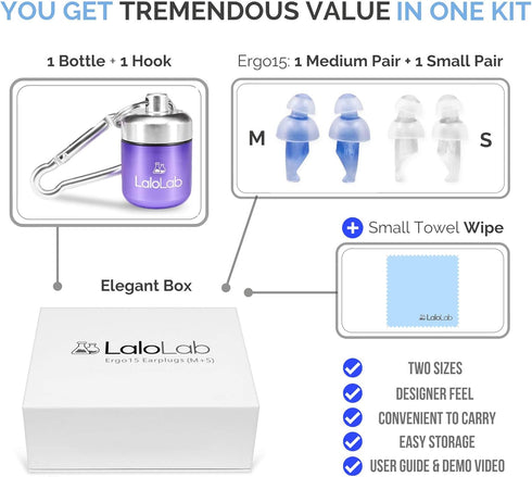 Ear Plugs for Sleeping by LaloLab | 2 Sizes Comfortable Reusable Noise Cancelling Earplugs for Sleep, Snoring, Travel & Work | Up to 28 dB NRR | C...