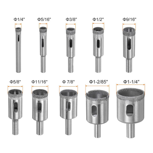 10pcs Diamond Drill Bit Set 1/4" - 1-1/4" (6mm-32mm) Hollow Drill Bits Hole Saw Set for Glass Tile Porcelain Ceramic Marble Bottles Pots Brick...