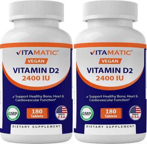 Vitamatic Vitamin D2 60 mcg (2400 IU) - Ergocalciferol - 180 Vegetarian Tablets (180 Tablets (Pack of 1)) (2 Bottles)...