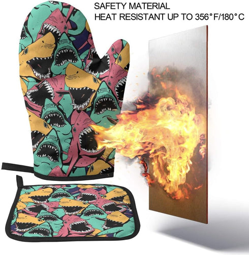 Angry Ocean Shark Oven Mitts and Pot Holders Insulated Gloves & Kitchen Counter Safe Mats for Cooking BBQ Baking Grilling (2-Piece Set)...
