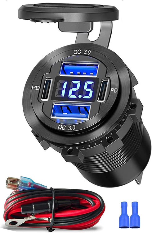 12V USB Outlet, 4 USB Port Aluminum Charger Socket 2 USB C PD & 2 USB QC3.0 with Voltmeter, 12V/24V Car USB Charger Socket for Car Boat Marine Bus...