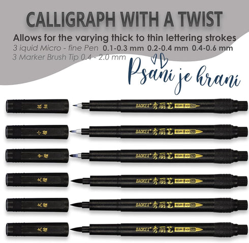 MISULOVE Calligraphy Brush Pens Set of 6(Soft & Hard) for Hand Lettering, Modern Calligraphy, Drawing, Beginner-Friendly Art Markers with Black Pi...