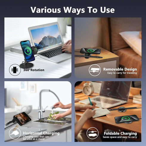 Magnetic Wireless Charger for iPhone-2 in 1 Foldable MagSafe Wireless Charging Station for iPhone/Apple Watch, Detachable 15W Fast Travel Charging...