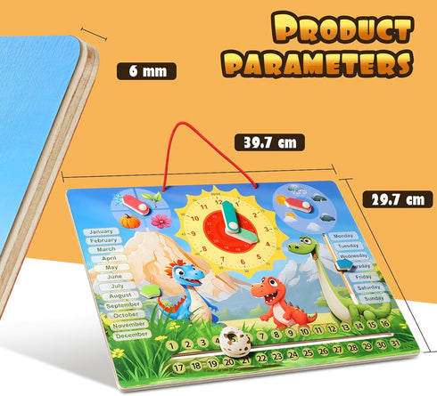 6 in 1Dinosaur Shaped Montessori Wooden Calendar Clock, Early Learning Educational Games Teaching Clock for Learning The Time, Date, Days of The W...