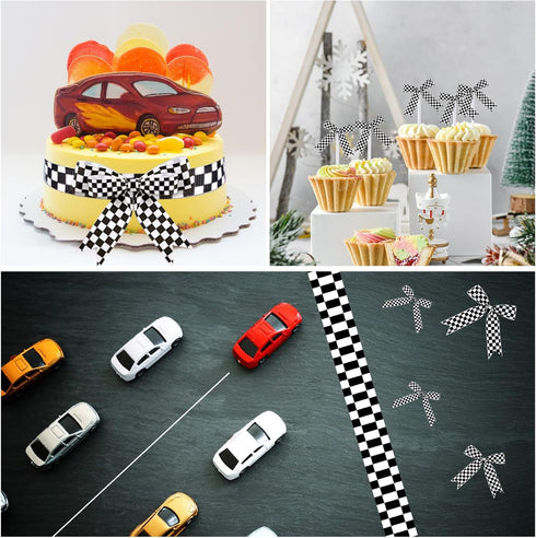 3 Rolls White Checkered Printed Ribbon Black Grosgrain Ribbon?0.4, 0.87, 1.5 Inch Wide, 15 Yard Car Theme Checkered Ribbon ? for DIY Crafts Wreath...