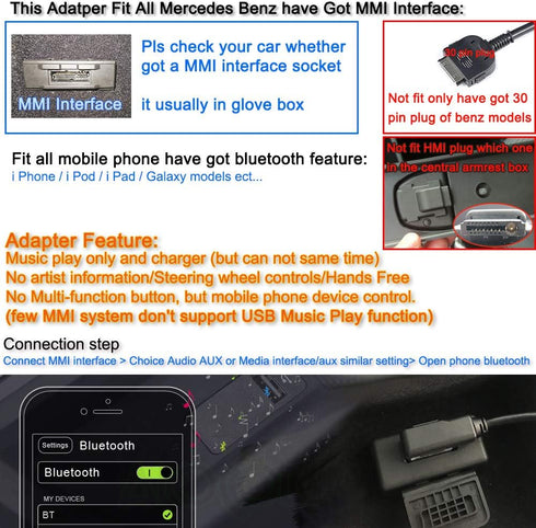 Bojer Bluetooth Adapter Compatible with Mercedes Benz MMI Port Cell Phone Apple iPhone iPod Android Capable Devices Play HiFi Music...