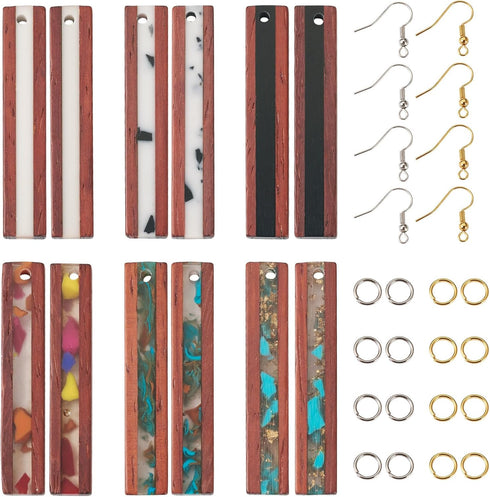 Craftdady 6 Pairs Resin Wood Rectangle Earring Charms 6 Styles Wooden Earring Blanks Making Kit with Brass Earring Hooks Jump Rings for Crafts DIY...