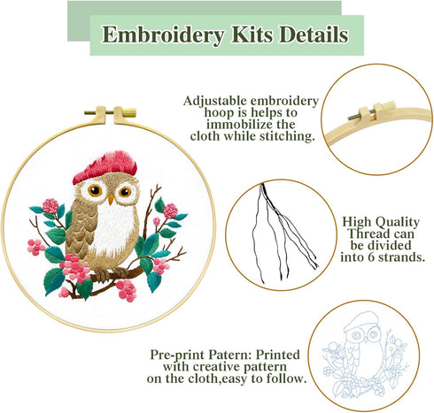 ASTNIC Embroidery Kit for Beginners, 3 Sets Owl Hand Embroidery Kit with Hoop Needle Video Step by Step Instructions DIY Knitting Kit Arts and Cra...